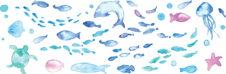 水彩画。水彩タッチの海の生き物フレーム。夏の生き物ベクターイラスト。海。バカンス。水中フレーム背景。Watercolor painting. Watercolor sea creatures frame. Summer creatures vector illustration. Ocean. Vacation. Underwater frame background.