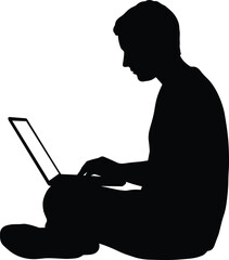 Silhouette of person using laptop, isolated on white background, remote work concept, digital technology, productivity, focus, typing workspace, minimal