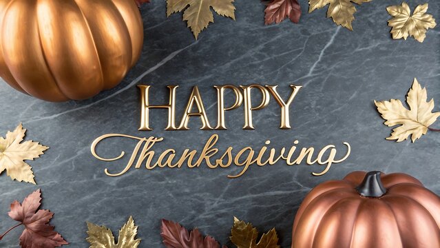 Elegant Gold Thanksgiving Greeting: Copper Pumpkins, Metallic Leaves on Dark Marble