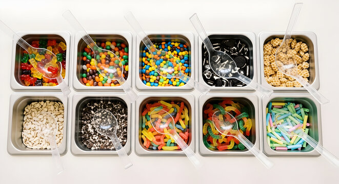 Colorful Ice Cream Toppings Selection with Various Candies and Sprinkles at a Self-Serve Dessert Bar
