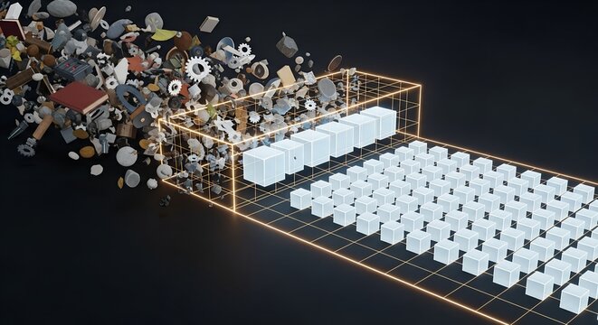 Diverse objects, from gears to books, flow into a luminous golden grid, transforming into uniform blue data cubes, symbolizing digital transformation and data structuring as a metamorphosis process.