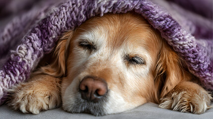 Cute Senior Golden Retriever Sleeping, Relaxing, Looking Under Blanket, Cozy Winter Dog Nap, Peaceful Pet Resting on Bed, Warm and Fluffy Canine Comfort, Adorable Dog Wrapped in Soft Purple Blanket