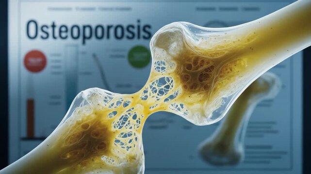 Detailed illustration of osteoporosis bone loss showing porous structure for medical education or health publication uses