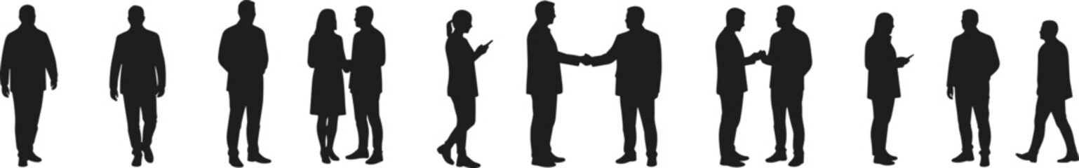 Silhouettes of business professionals walking, interacting, shaking hands, using mobile devices, corporate teamwork, leadership, collaboration, communication, white business