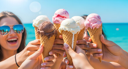 Happy Friends Toasting with Delicious Ice Cream Cones by the Sunny Ocean on a Hot Summer Day