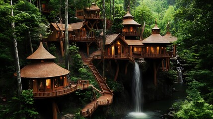 Wooden treehouses waterfall landscape