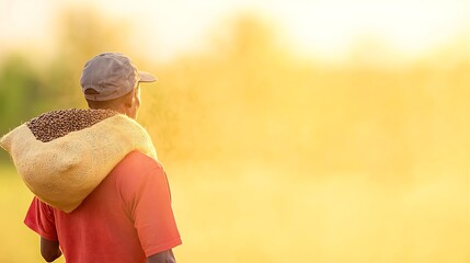 Farmer carries sacks of coffee beans through golden sunlight