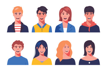 Diversity Faces: A diverse group of young adults, each with unique features and hair color, smile confidently. Vector illustration.