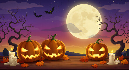 Halloween background with pumpkins bats moon and spooky night silhouette