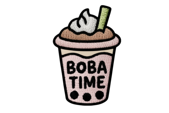 Embroidered boba drink with text beverage straw