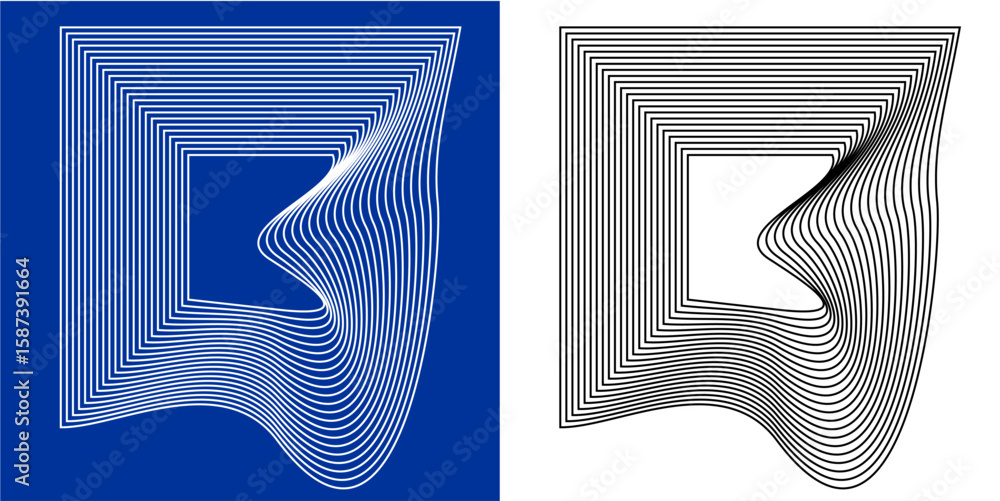 Poster abstract geometric design featuring flowing, wavy lines forming a dynamic and distorted square. idea