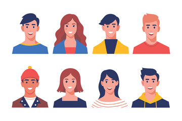 Diverse Avatar Set: A collection of eight diverse and friendly cartoon avatars, representing a variety of hairstyles, ethnicities, and clothing styles, perfect for website design, app interfaces.