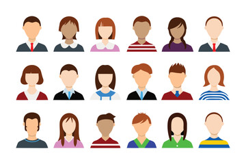 Diverse Avatar Set: A collection of 20 diverse flat avatar icons, representing various ethnicities and hairstyles. Perfect for user profiles, website design, or app development.