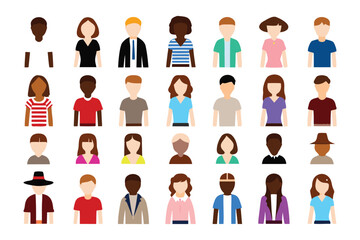 Diverse Avatar Set: Collection of diverse and inclusive avatars representing various ethnicities, hairstyles, and attire. Perfect for online platforms, social media, and websites.