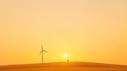 Obraz premium Lone figure and wind turbine silhouetted against a vast golden sunset sky