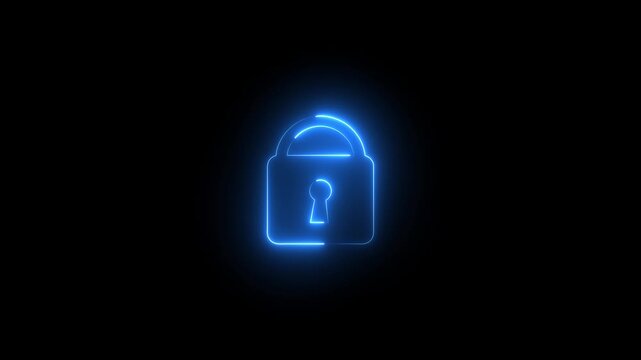Safety, security, privacy, password icon. bright neon cyan color animation lock icon protection safety security privacy password closed animation sign symbol on black background.