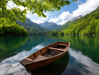Obraz premium wooden boat floats on a calm lake surrounded by lush green mountains under a partly cloudy sky.