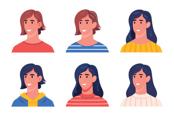 Diverse Faces in a Row: Six distinct individuals with varied hairstyles and apparel, each radiating a unique charm and inviting presence, presenting an array of expressive characters.