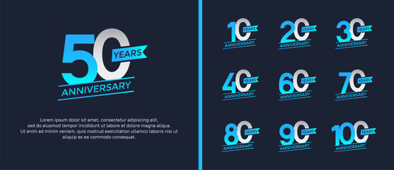 set of anniversary logo flat blue and silver color on blue background for celebration moment