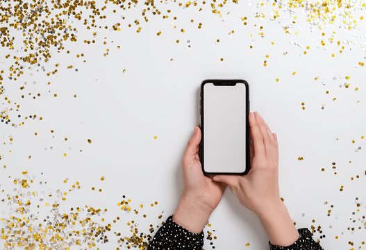 Hands holding a blank smartphone, surrounded by gold and silver confetti - Powered by Adobe