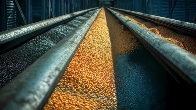This image offers a detailed look at a conveyor belt system, transporting corn or other feedstocks towards the ethanol production area. The belts are made of sy rubber to withstand