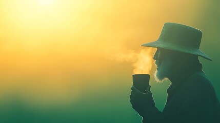 Elderly man in hat enjoys hot drink in golden sunrise light