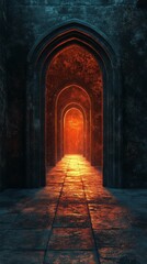 Mysterious Dark Stone Archway Hall with Bright Glowing Orange Light and Receding Perspective