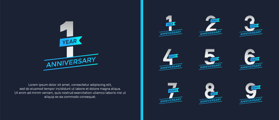 set of anniversary logo flat blue and silver color on blue background for celebration moment