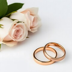 Elegant Wedding Rings on White Surface with Fresh Roses Nearby