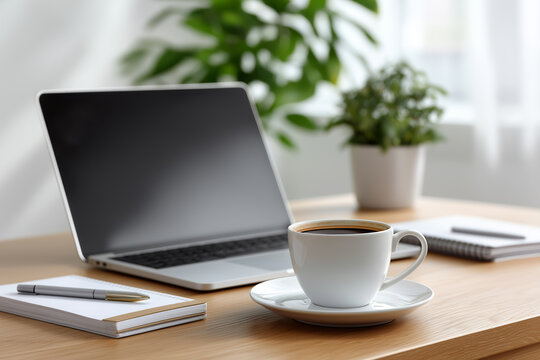 Bright home office remote work setup featuring laptop, coffee, notepad, and digital tools on a clean desk, capturing productivity, digital lifestyle, and work-from-home organization in a contemporary 