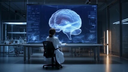 Scientist is sitting, observing a large digital screen displaying a 3d model of a human brain, in a futuristic laboratory setting - Powered by Adobe