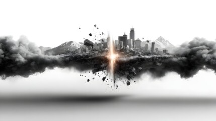 A dramatic monochrome cityscape depicting a skyline of towering buildings obscured by fog and smoke with an explosive light source in the center