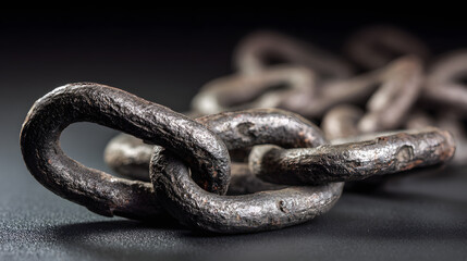 Broken iron chain links on a dark surface, symbolizing liberation and breaking free from constraints.