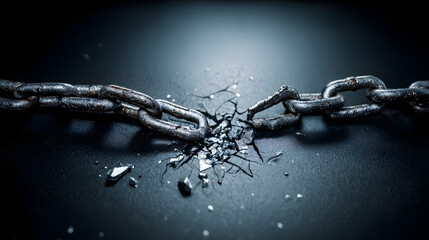 Broken iron chain links on a dark surface, symbolizing liberation and breaking free from constraints.