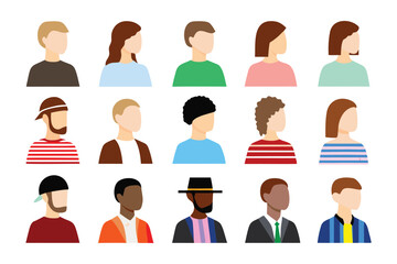 Diverse Profile Icons: A collection of profile icons representing a diverse array of individuals, showcasing various hairstyles, skin tones, and attire in a modern, illustrative style. 