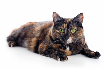Obraz premium Tortoiseshell cat lying on white background, studio lighting, relaxed pose, clean and isolated, full body.