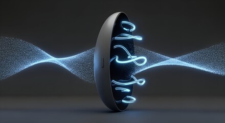 A sleek, dark grey device, conceptualized as an advanced UI, undergoes a 'Software Update Transformation'. Bright blue, kinetic data streams flow within and around it, like a digital landscape