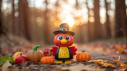 Adorable Pilgrim Bird Figurine with Pumpkins in Autumnal Forest Setting; Warm Sunset Light