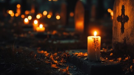 Candlelight Illumination in a Cemetery, Creating a Serene and Respectful Atmosphere