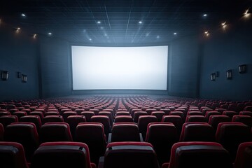 Empty movie theater interior, rows of red seats facing a large blank screen