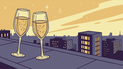 Celebrate new year champagne toast on rooftop with city skyline at dusk vector illustration design