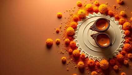 Fototapeta premium Flat-lay Diwali decor with symmetrical clay lamps (diyas), bright marigold petals, and subtle rangoli powder on an earthen-toned surface.