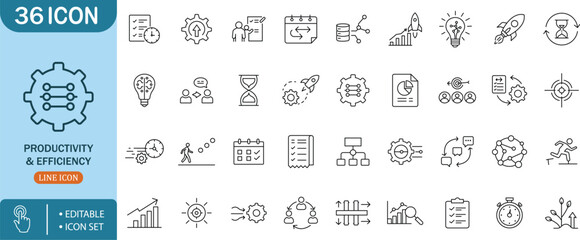 Productivity Efficiency Time Management Workflow Growth Planning Goal, icon setproductivity,efficiency,time,management,workflow,growth,planning,goal,task,focus,target,process,work,system,chart,graph,