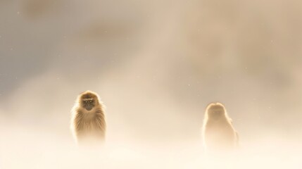 Two fluffy monkeys bathed in golden light with a soft bokeh background