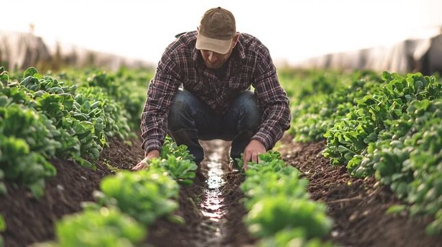 A farmer in a field inspecting rows of leafy green plants wearing a plaid shirt and a baseball cap outdoors
