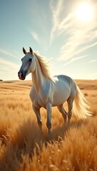 Fototapeta premium A top-down shot of a majestic white horse standing still in the center of a rippling golden wheat field under a late afternoon sun, casting a long shadow.
