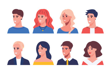 Diverse Portraits: A collection of diverse individuals, each with unique expressions, are captured in a vibrant, flat vector design.