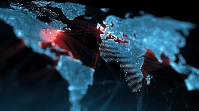 Glowing lines and data points are forming a world map with highlighted areas, representing global cybersecurity threats and attacks