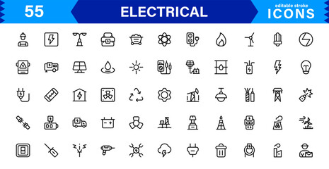 Electric Icons Collection – Vector Line Illustrations of Power, Circuitry, Energy, Outlets, and Tools Designed