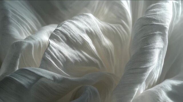 A macro view capturing the interplay of light and shadow on tightly folded white cotton emphasizing the delicate layers and creases that form a dynamic pattern illuminated by a soft